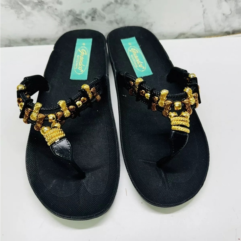 Grandco Womens Sandals Size 8 Black Gold Beaded Thong Slip On Flip Flops